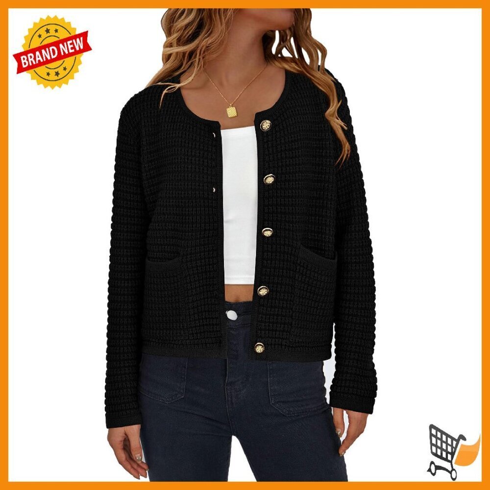 Chunky Knit Cardigan, Open Front, Long Sleeve, Button Down, Pockets